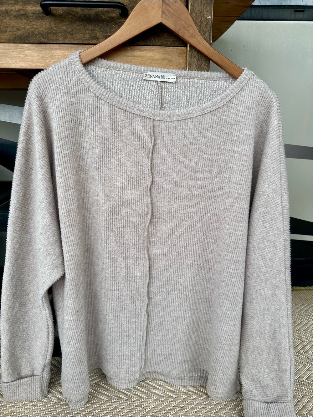 Zenana Outfitters Ribbed Crewneck Sweater in Light Taupe